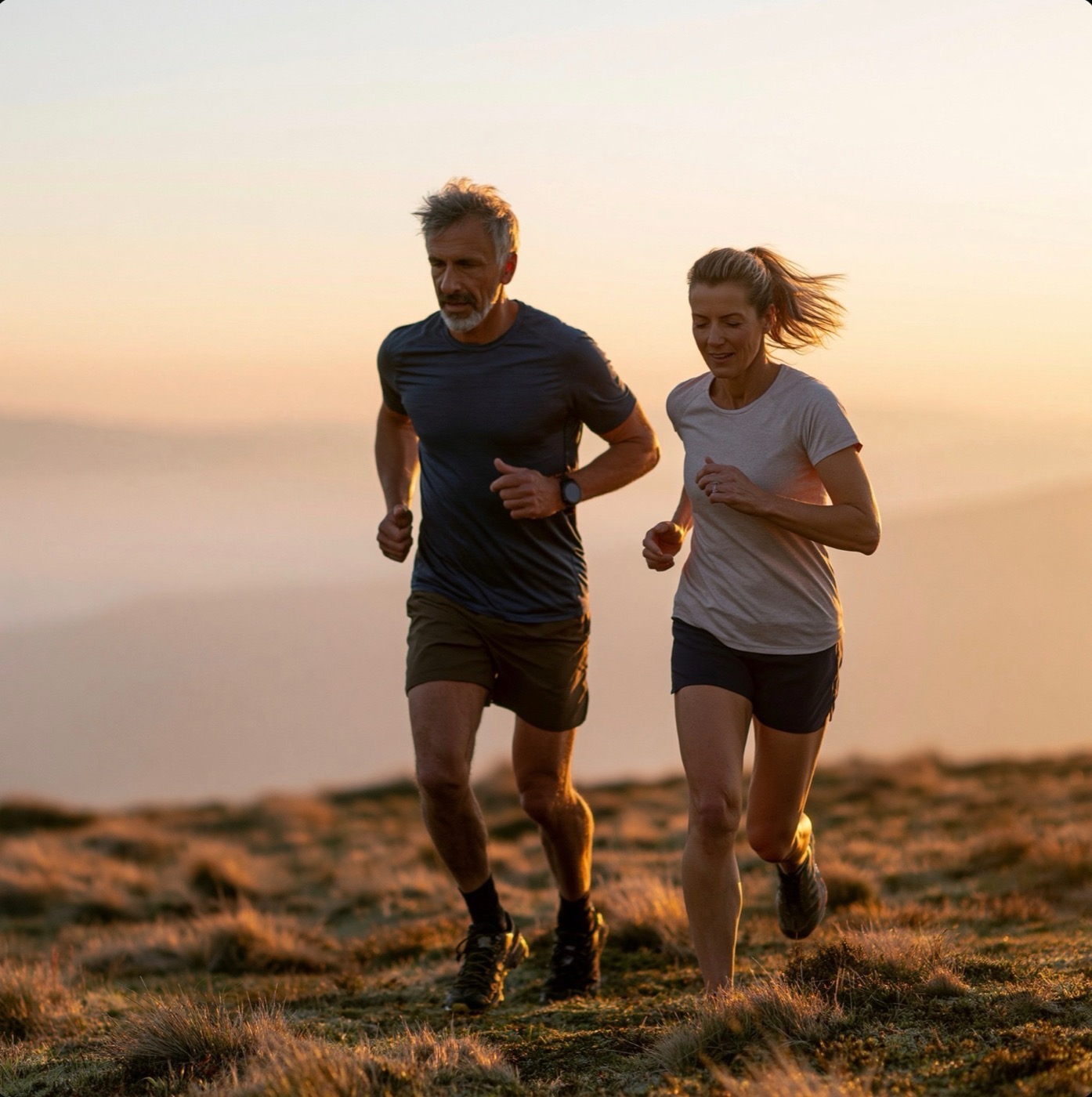 A man and woman running together at sunrise — the second half, run on purpose