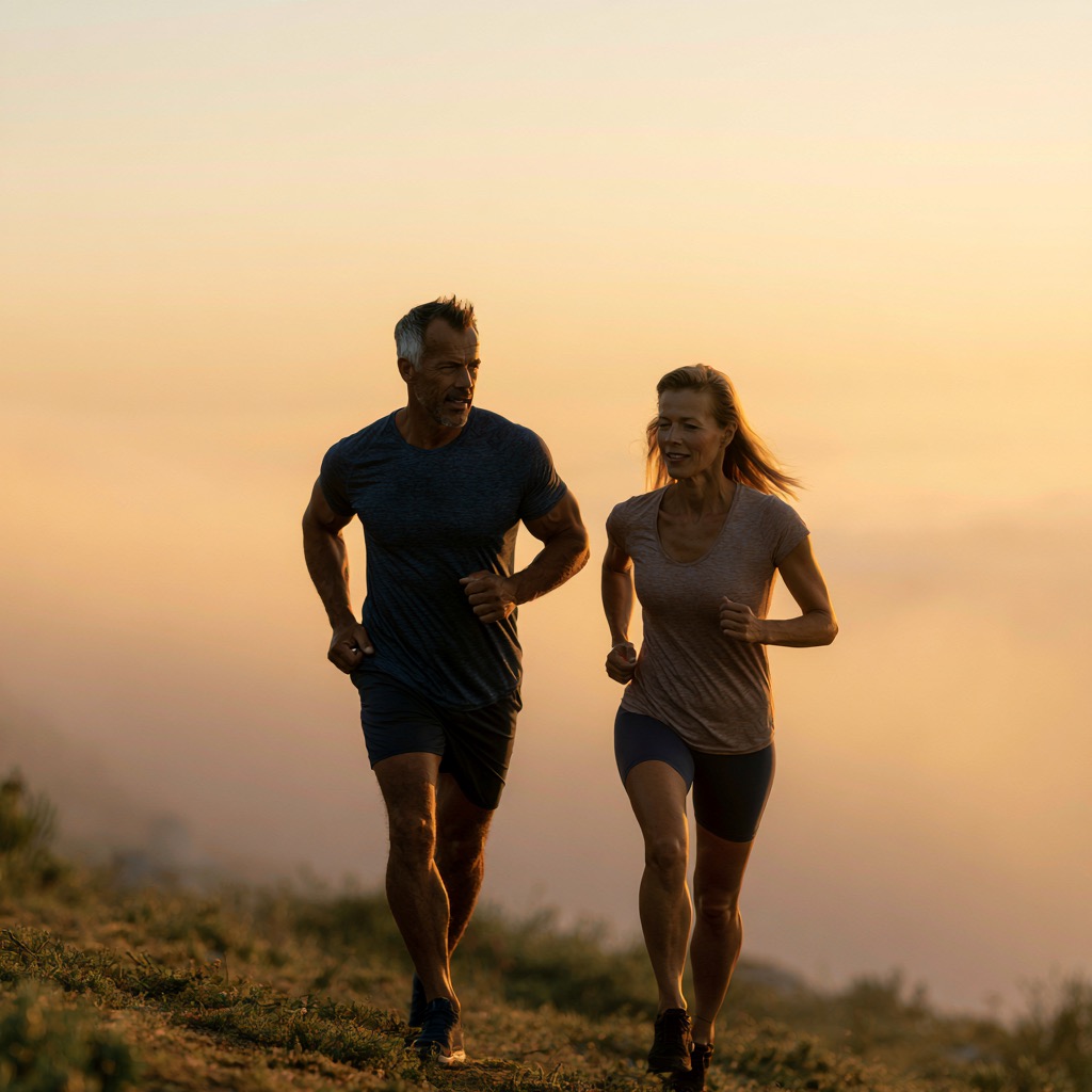A couple running a mountain trail together