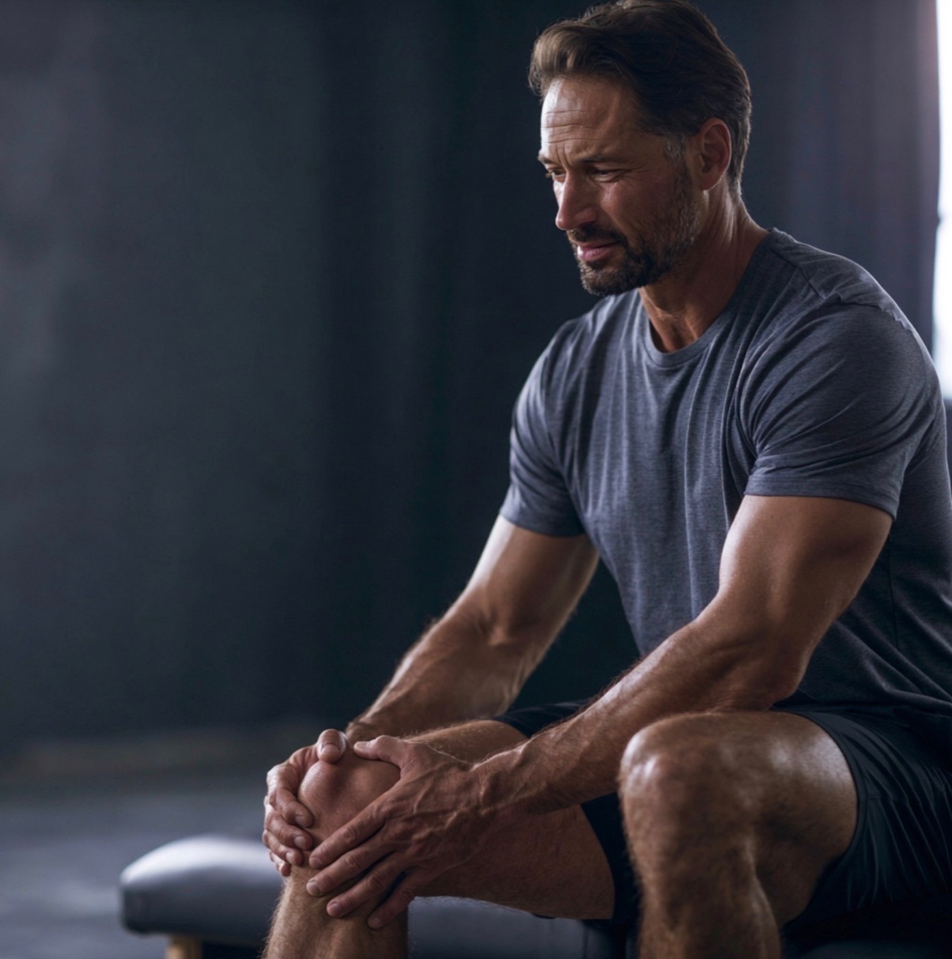 A man in the second half of life pausing with a hand on his knee: the inflection point