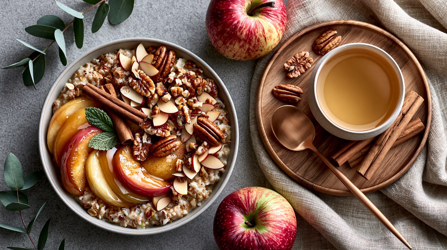 A warm breakfast of oatmeal, apples, pecans, and cinnamon, everyday nourishment