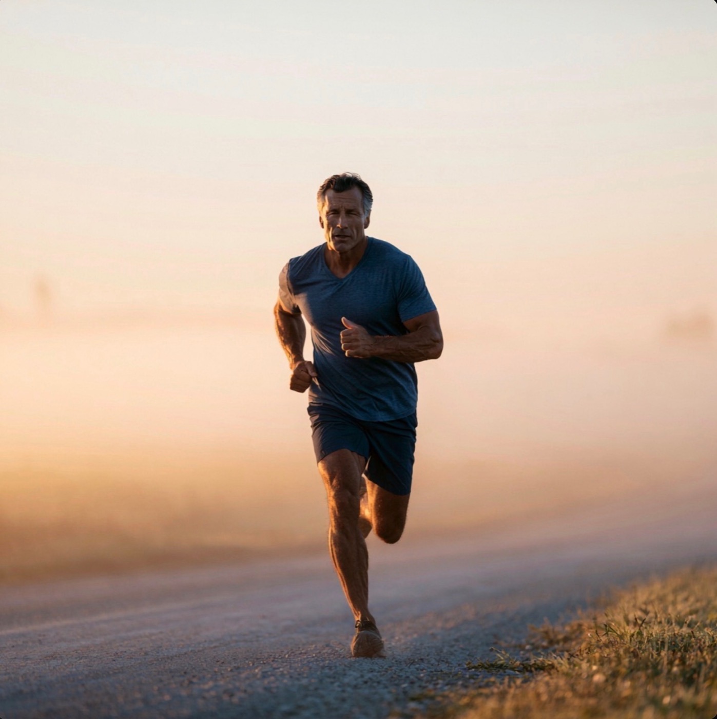 A man running an open road at dawn, beginning again