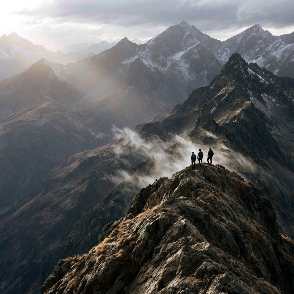 A small team standing together on a mountain summit at first light