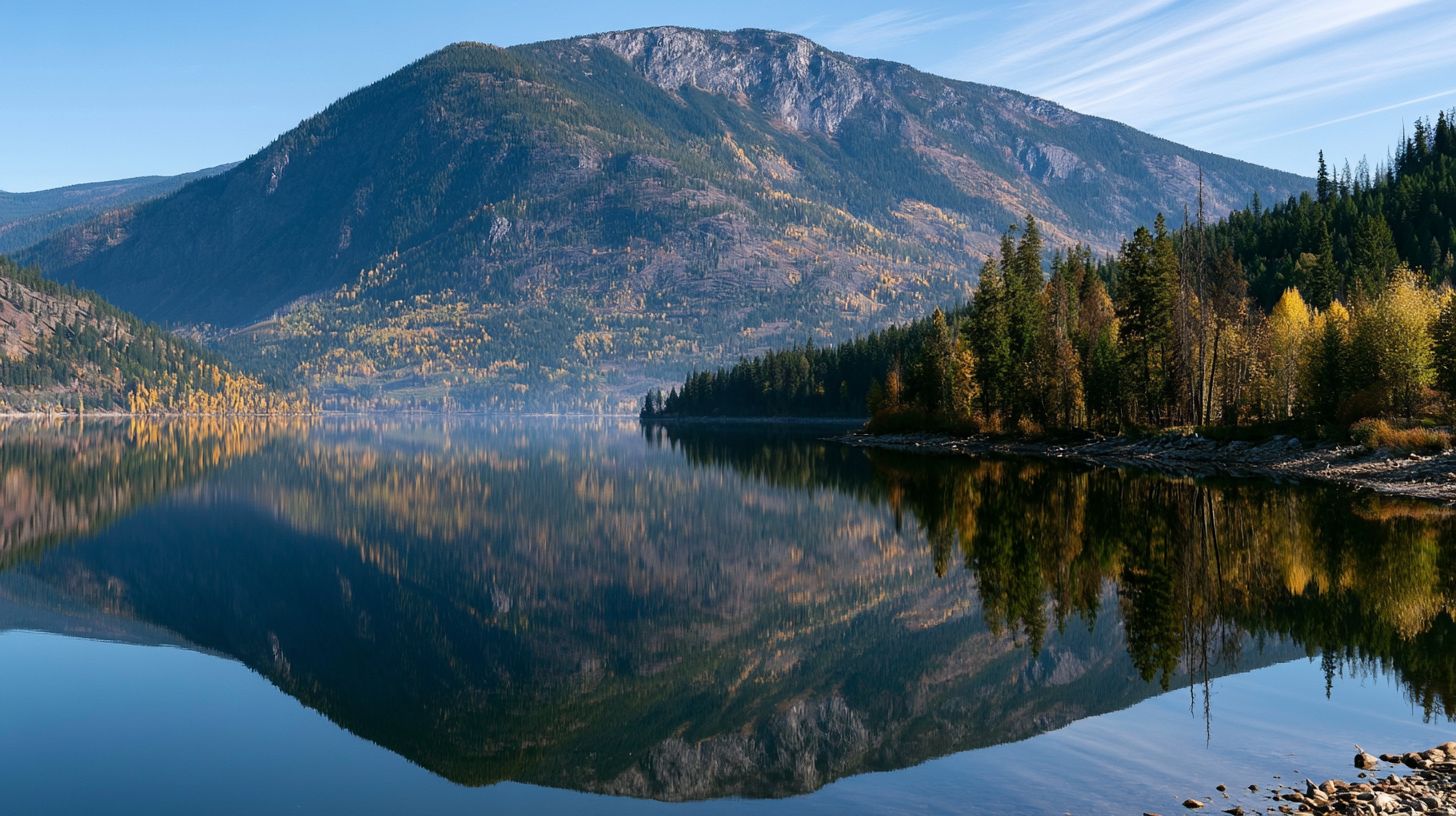 A still mountain lake at first light, autumn trees mirrored on the water